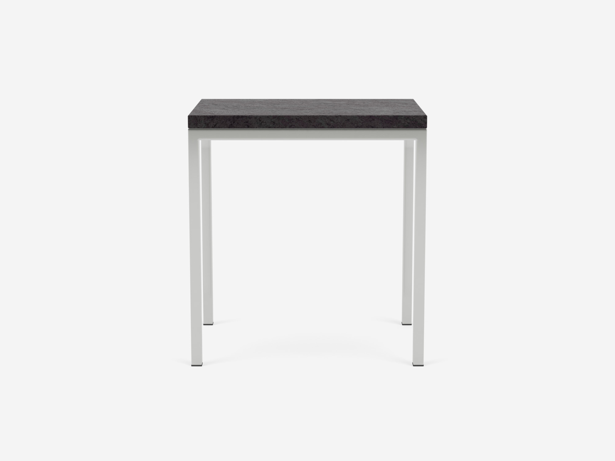 Front angle view of black marble top and steel legs end table