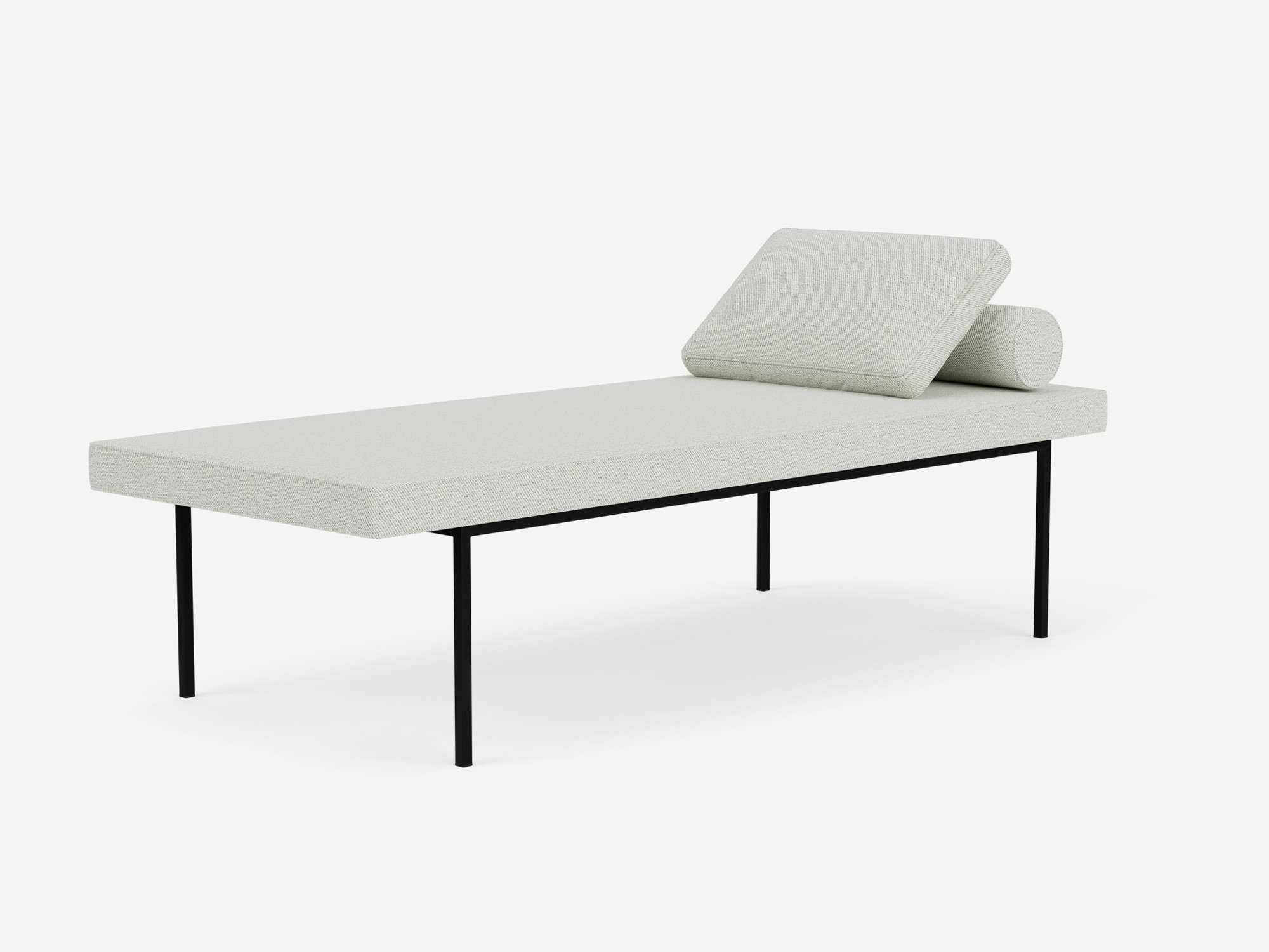 Angled view of the Bank upholstered dining bench in light grey fabric with cushions