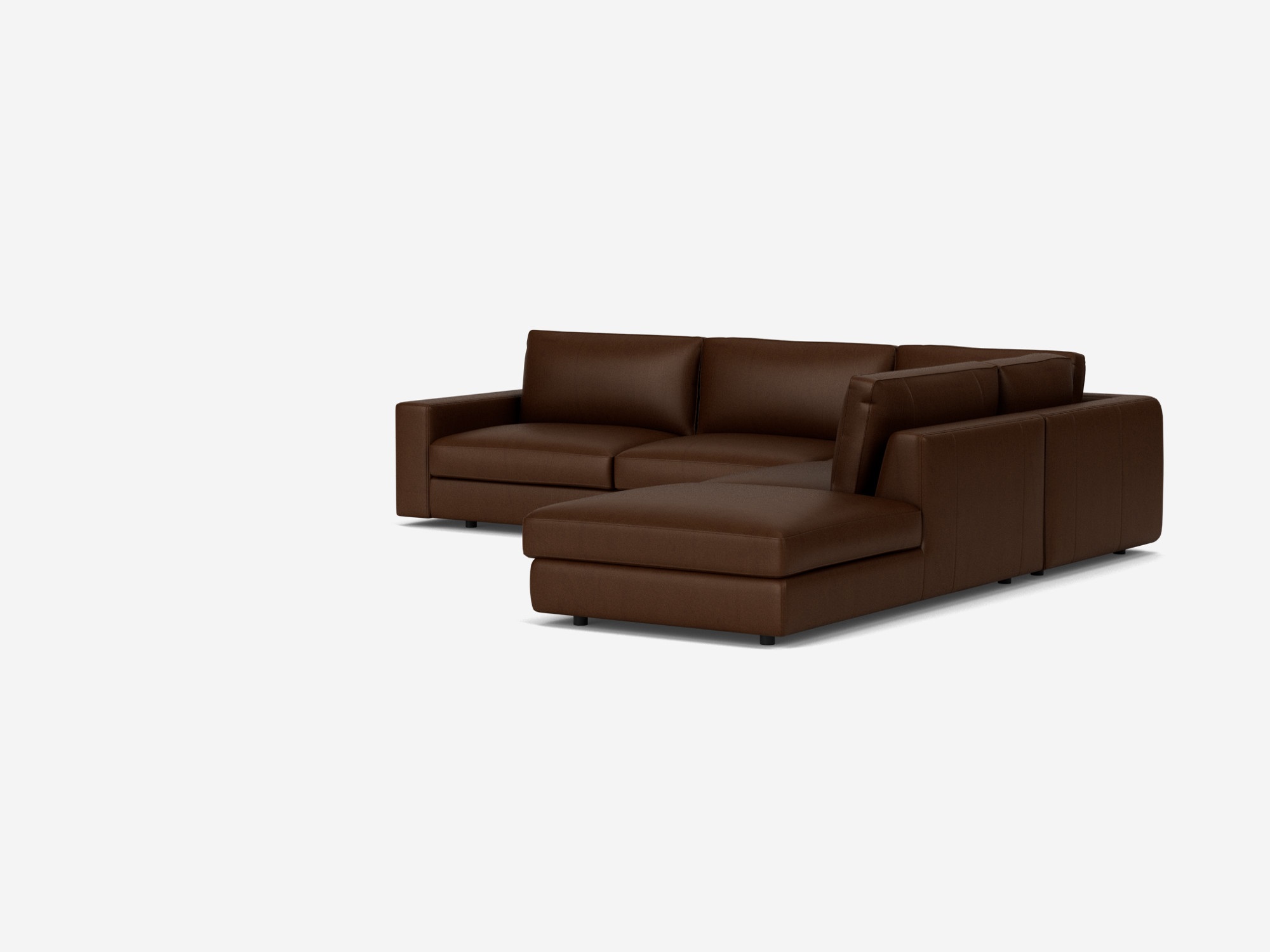 Corner view of the Cello modern sectional couch in dark brown leather with right hand backless chaise