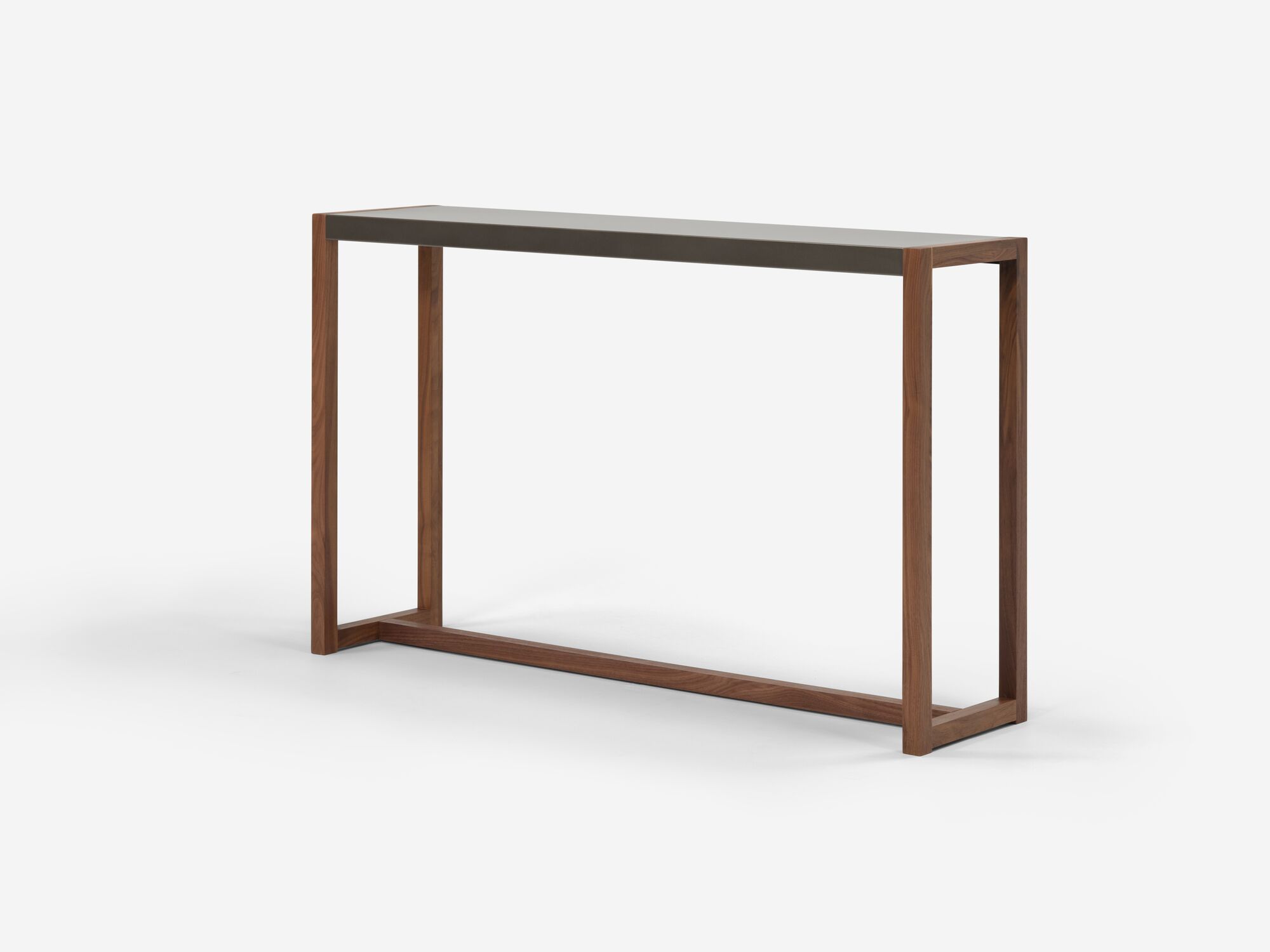 Angle view of black and walnut console table