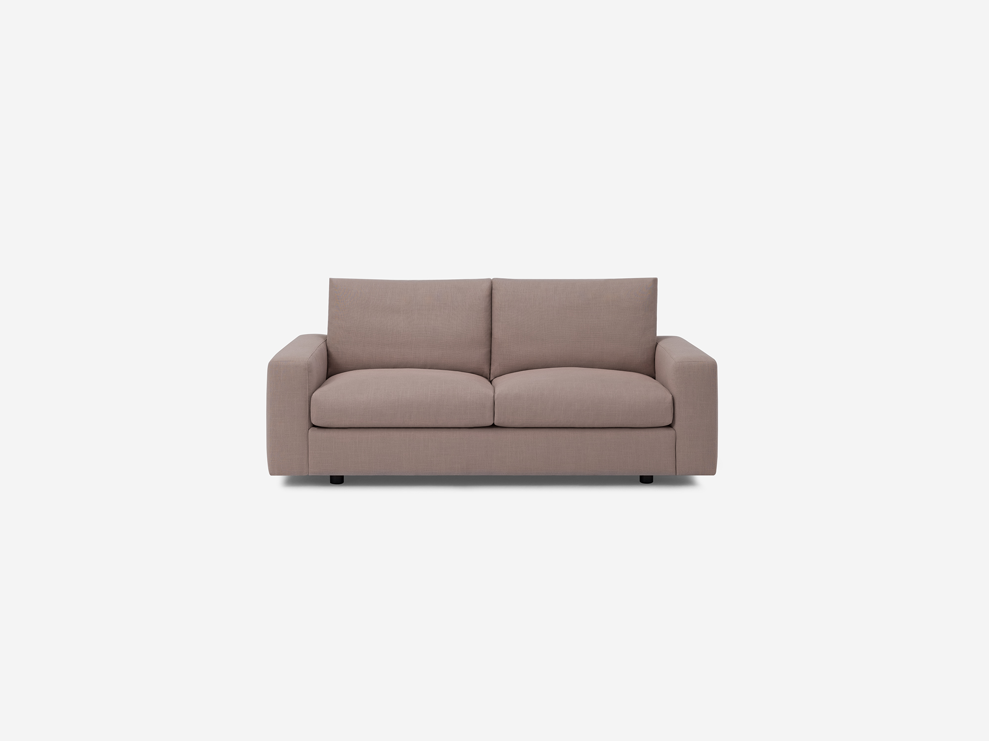 Front view of grey fabric loveseat with narrow arms