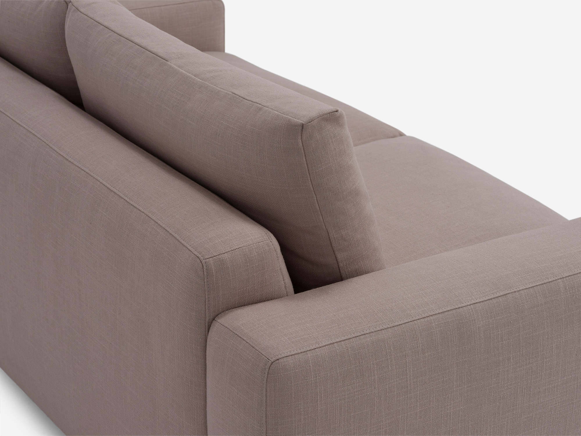 Detail back view of grey fabric loveseat with narrow arms