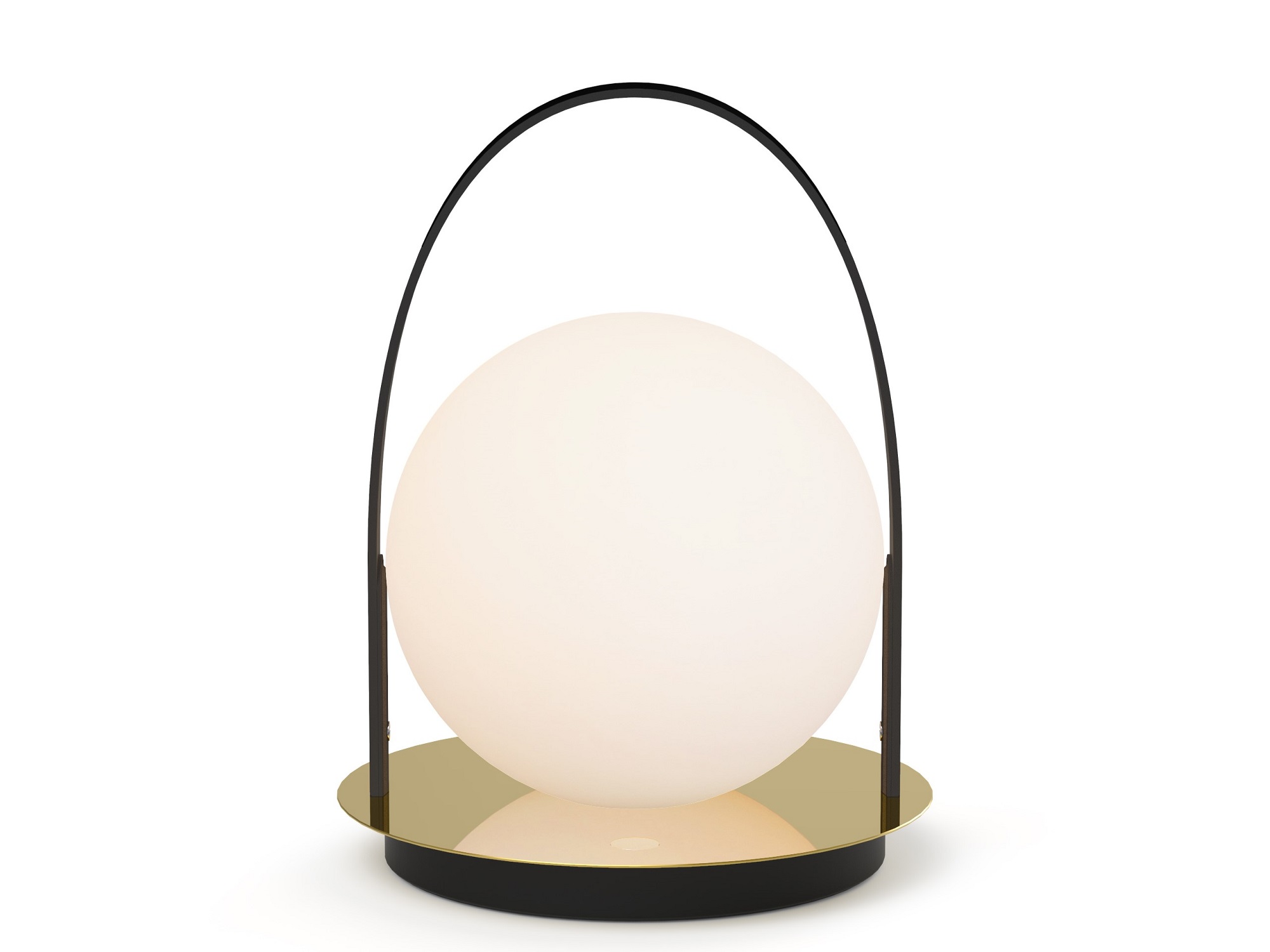Round outdoor lamp with black handle and brass disc